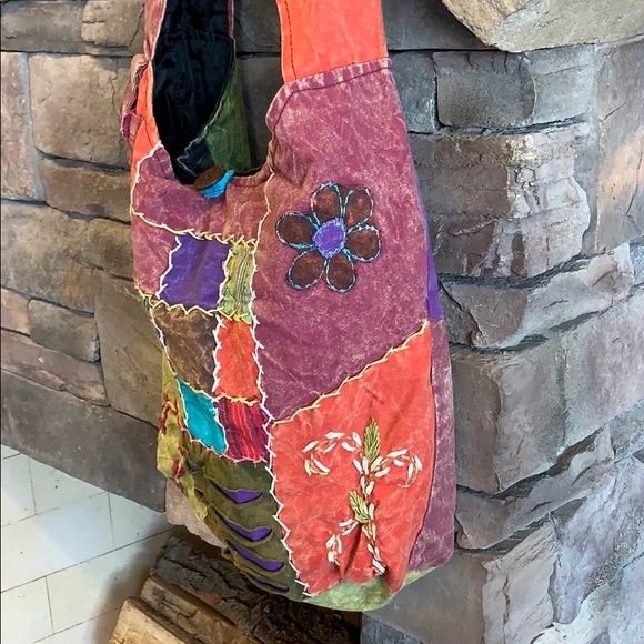 Nepal Hippie Satchel | Large Vibrant Stitched Patch Purse | Bucket Bag Colorful - Picture 2 of 8